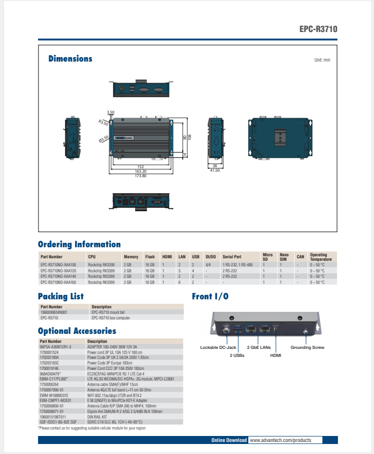 研華EPC-R3710 Rockchip RK3399 Cortex-A72 UIO40-Express Edge AI 工控整機(jī)， 4K display， 2xLan，