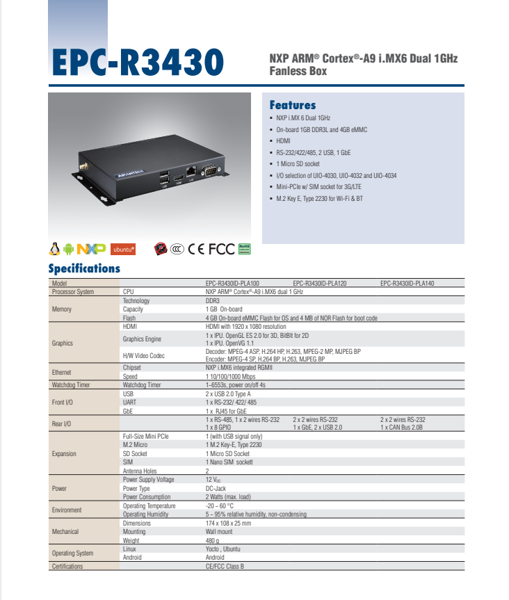 研華EPC-R3430 基于NXP i.MX6 Arm Cortex-A9平臺(tái)的緊湊型嵌入式工控機(jī)