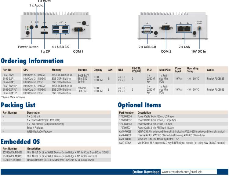 研華EI-52 研華EI-52，邊緣計算系統(tǒng)，支持 Intel 11th gen CPU，可選 Core i5 /i3 /Celeron 處理器，具備豐富擴展接口 2 x LAN，2 x COM，6 x USB等，內(nèi)部可以通過 miniPCIe 或 M.2 擴展AI加速卡實現(xiàn)工業(yè)AI機器視覺，搭載5G通訊模塊。