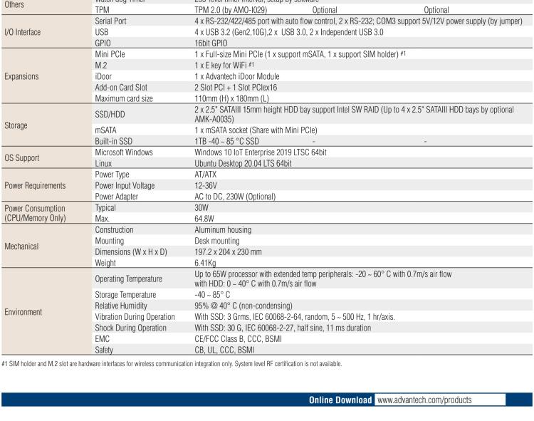 研華EIS-S232 研華 EIS-S232，邊緣計算系統(tǒng)服務器，支持Intel 第十代處理器，可選i3/i5/i7 Xeon CPU，DDR4 最高32GB，最多可支持4 x 2.5寸硬盤，具備豐富擴展接口 2 x LAN，6 x COM，8 x USB，1 x PCIE，2 x PCI。產品生命周期長，穩(wěn)定可靠。