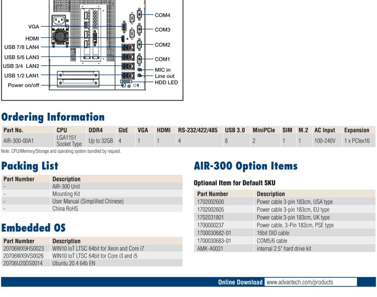 研華AIR-300 支持Intel Xeon / 6/7代Core?i3/i5/i7處理器，AI計(jì)算平臺(tái)，可擴(kuò)展 PCIe x16 GPU全尺寸卡