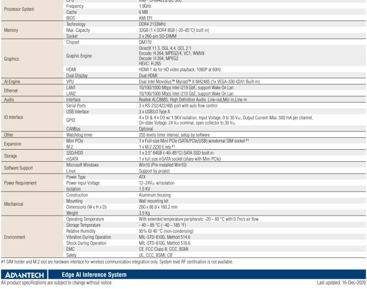 研華AIR-200 基于Intel Core i5-6442EQ處理器，AI計算平臺，內(nèi)置Myriad X VPU * 2