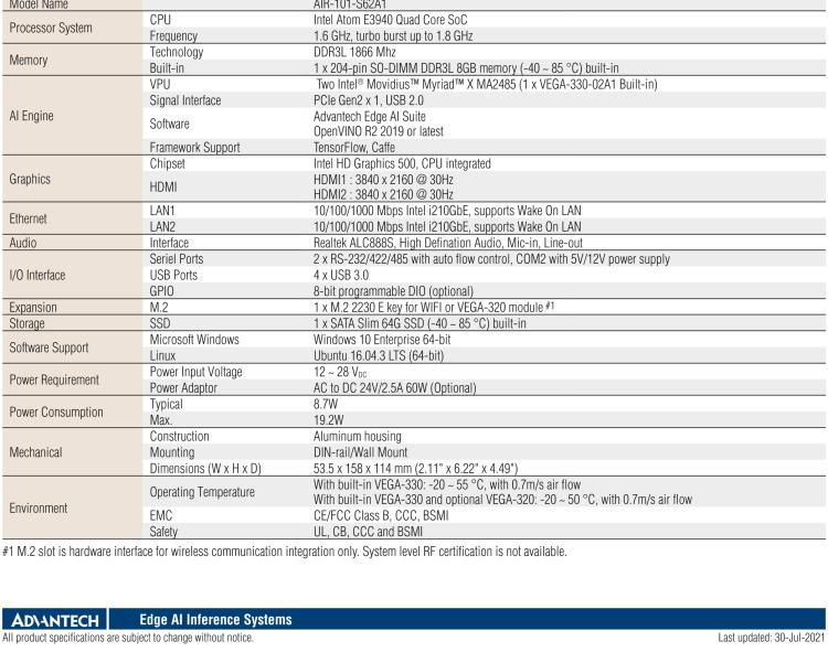 研華AIR-101 基于Intel Atom E3940處理器，AI計算平臺，內(nèi)置Myriad X VPU * 2