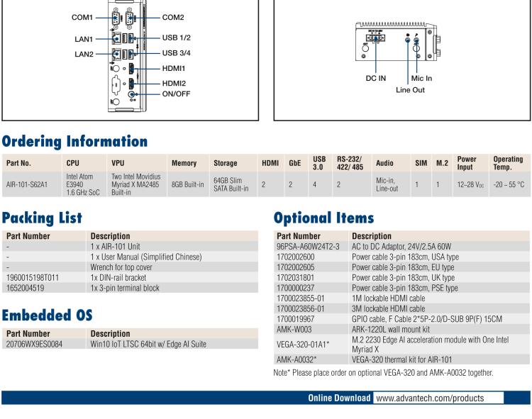 研華AIR-101 基于Intel Atom E3940處理器，AI計算平臺，內(nèi)置Myriad X VPU * 2