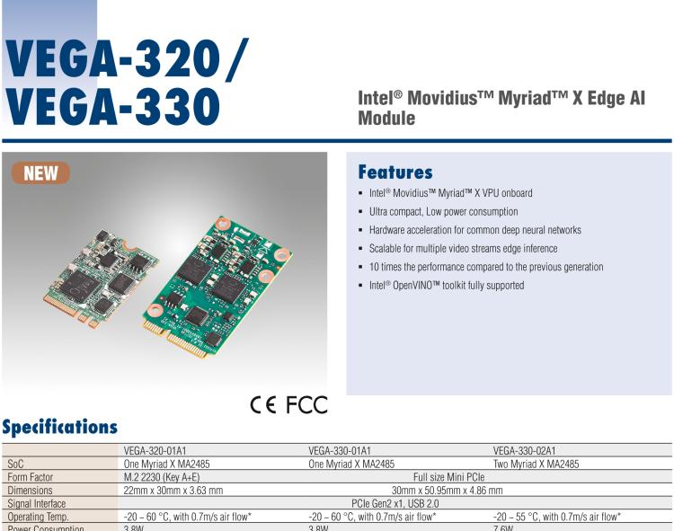 研華VEGA-330 基于Intel Movidius? Myriad? X VPU，miniPCIe Edge AI 模塊，VPU*2