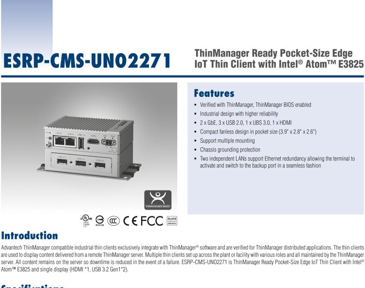 研華ESRP-CMS-UNO2271 ThinManager Ready Pocket-Size Edge IoT Thin Client with Intel? Atom? E3825