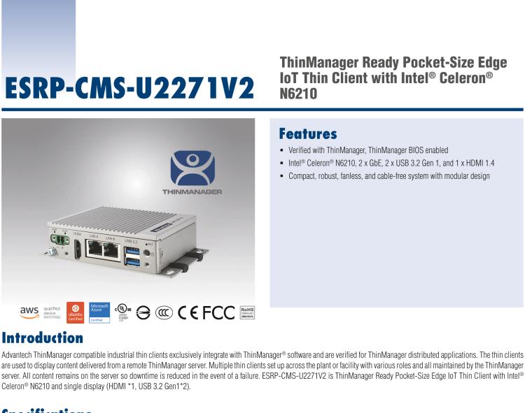 研華ESRP-CMS-U2271V2 ThinManager Ready Pocket-Size Edge IoT Thin Client with Intel? Celeron?N6210