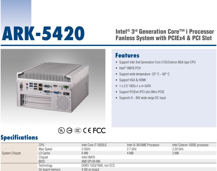 研華ARK-5420 Intel? 第三代 Core? i 處理器無(wú)風(fēng)扇嵌入式工控機(jī)，支持 PCIEx4 & PCI