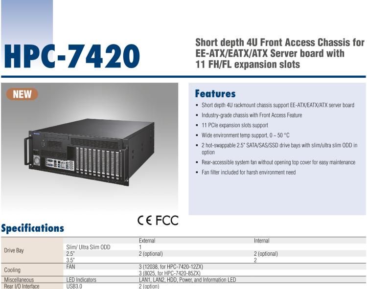 研華HPC-7420 用于EE-ATX/EATX/ATX主板的4U 短深度服務(wù)器機箱，帶有11個FH/FL擴展插槽