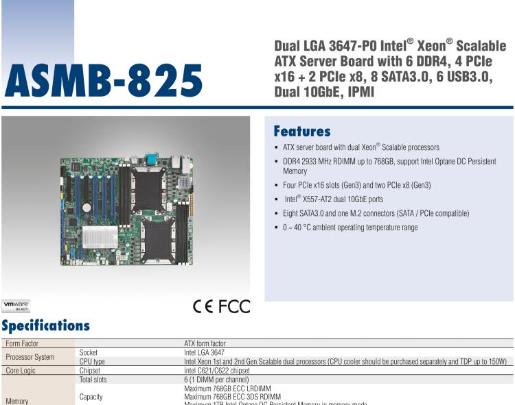 研華ASMB-825 雙路LGA 3647-P0 Intel? Xeon? Scalable ATX 服務器主板，帶6 個DDR4, 4 PCIe x16 和 2 個 PCIe x8, 8 個SATA3, 6 個USB3.0, Dual 10GbE, IPMI