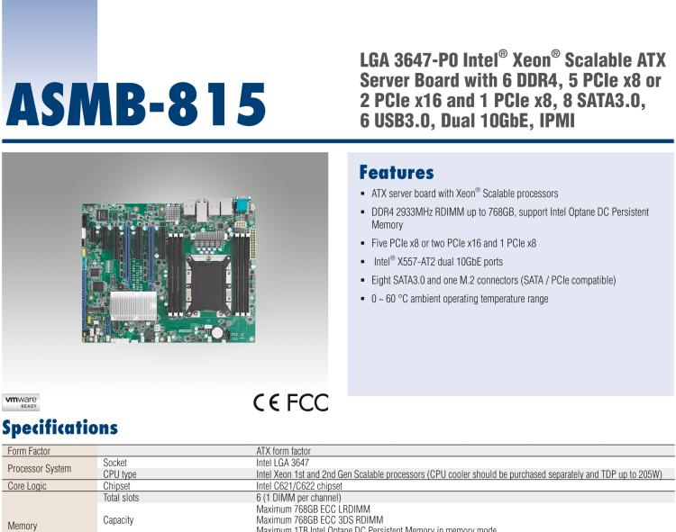 研華ASMB-815 單路LGA 3647-P0 Intel? Xeon? Scalable ATX 服務(wù)器主板，帶 6 個DDR4, 5 個PCIe x8 或者 2 個PCIe x16 和 1個 PCIe x8, 8 個SATA3, 6 個USB3.0, Dual 10GbE, IPMI