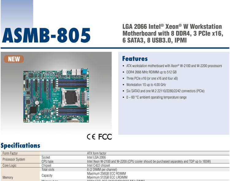 研華ASMB-805 LGA 2066 Intel? Xeon? W Workstation Motherboard with 8 DDR4, 3 PCIe x16, 7 SATA3, 8 USB3.0, IPMI