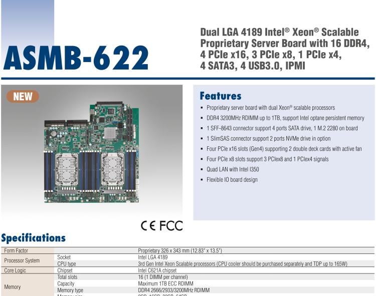 研華ASMB-622 Dual LGA 4189 Intel? Xeon? Scalable Proprietary Server Board with 16 DDR4, 4 PCIe x16, 3 PCIe x8, 1 PCIe x4, 4 SATA3, 4 USB3.0, IPMI