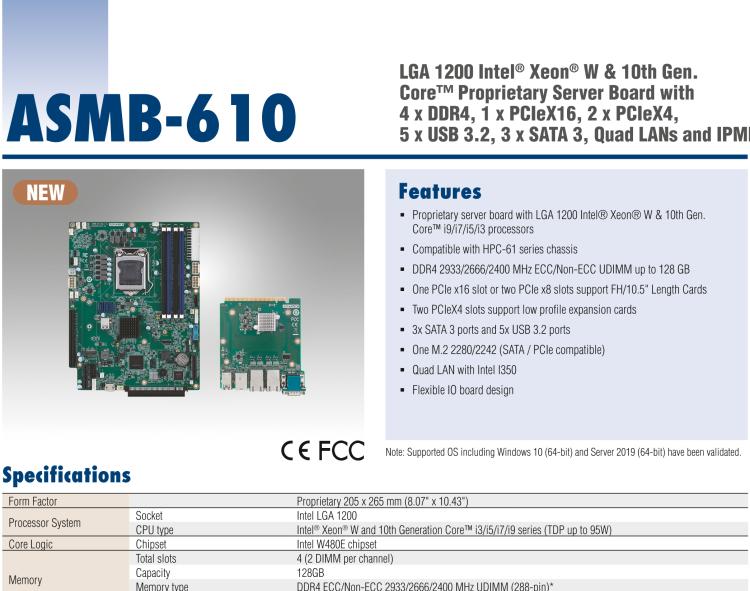 研華ASMB-610 LGA 1200 Intel? Xeon? W & 第十代 Core?專用服務(wù)器主板，帶4 x DDR4, 1 x PCIeX16, 2 x PCIeX4, 5 x USB 3.2, 3 x SATA 3, Quad LANs and和 IPMI