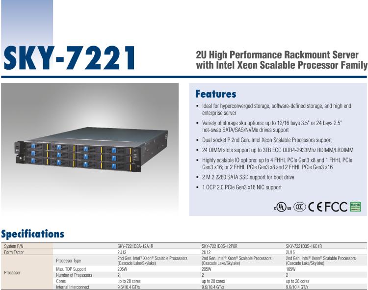 研華SKY-7221 2U High Performance Rackmount Server with Intel Xeon Scalable Processor Family