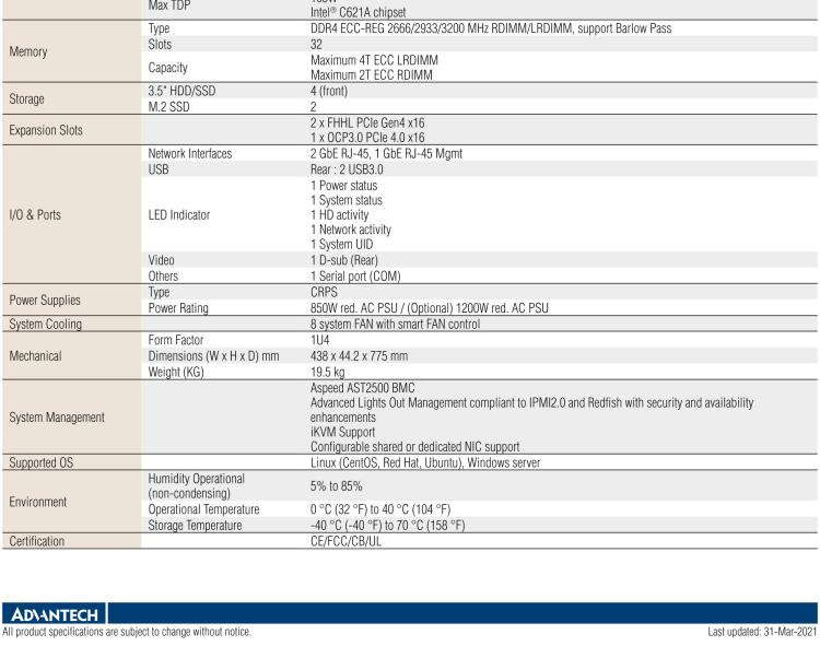 研華SKY-7132D 1U High Performance Rackmount Server with 3rd Gen. Intel? Xeon? Scalable processors