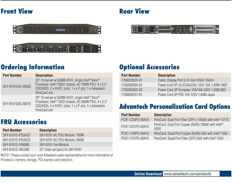 研華SKY-8101 緊湊型1U高性能服務器 基于Intel Xeon?處理器可擴展系列