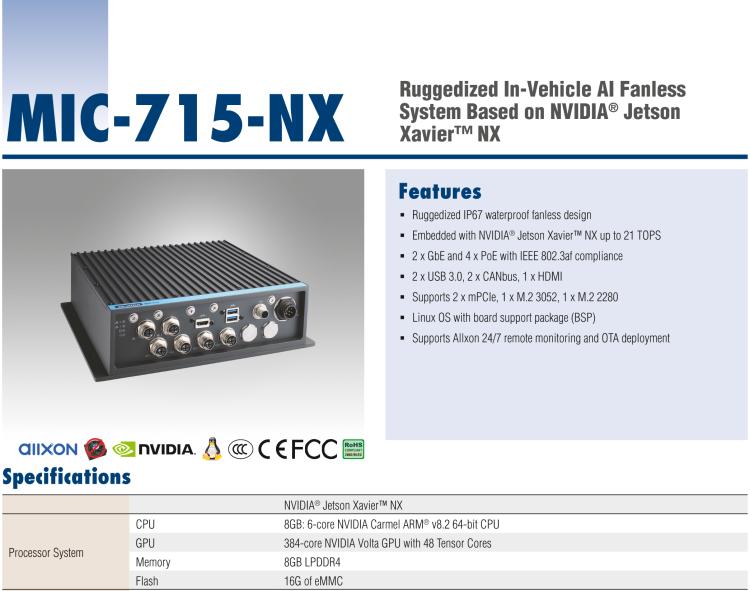 研華MIC-715 加固型AI 推理平臺(tái)，基于英偉達(dá)Jetson? Xavier NX，IP67防護(hù)等級(jí)