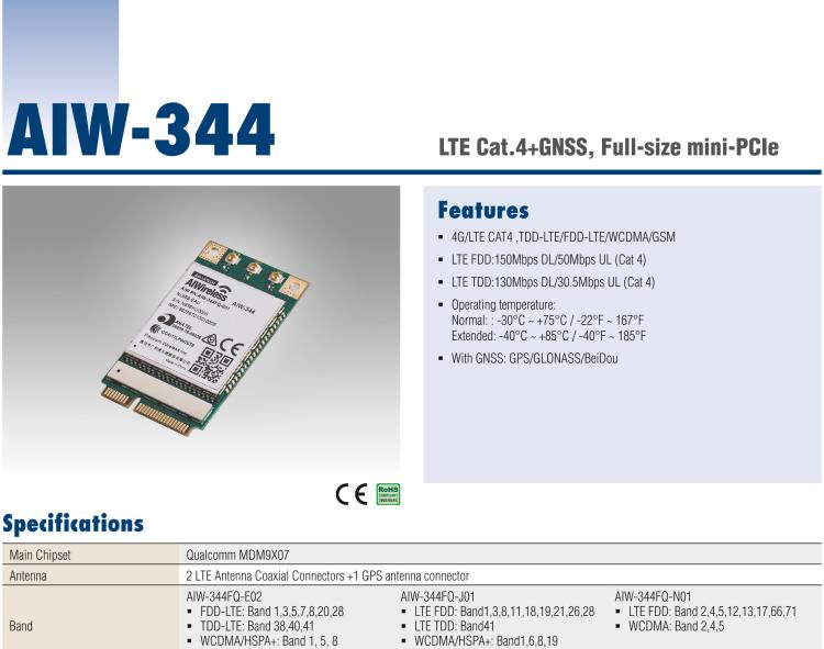 研華AIW-344 4G LTE CAT4：TDD LTE/FDD LTE/WCDMA/GSM和GPS。