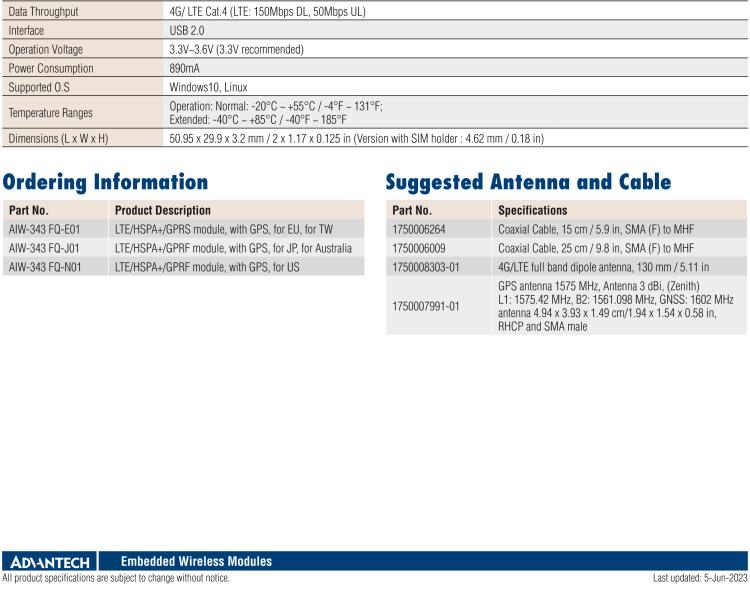 研華AIW-343 4G模組，使用MINI-PCIE規(guī)范接口，支持4G LTE CAT4：TDD LTE/FDD LTE/WCDMA/GSM和GPS。