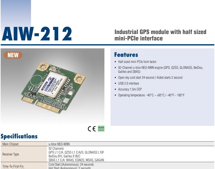 研華AIW-212 工業(yè)級(jí) GNSS（GPS、GLONASS、BeiDou、Galileo、QZSS和SBAS）模塊，半尺寸 mini-PCIe 規(guī)格。