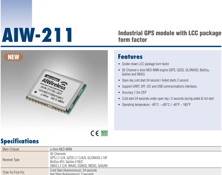 研華AIW-211 帶郵票型接口的工業(yè)級(jí) GNSS（GPS、GLONASS、BeiDou、Galileo、QZSS和SBAS）模塊。