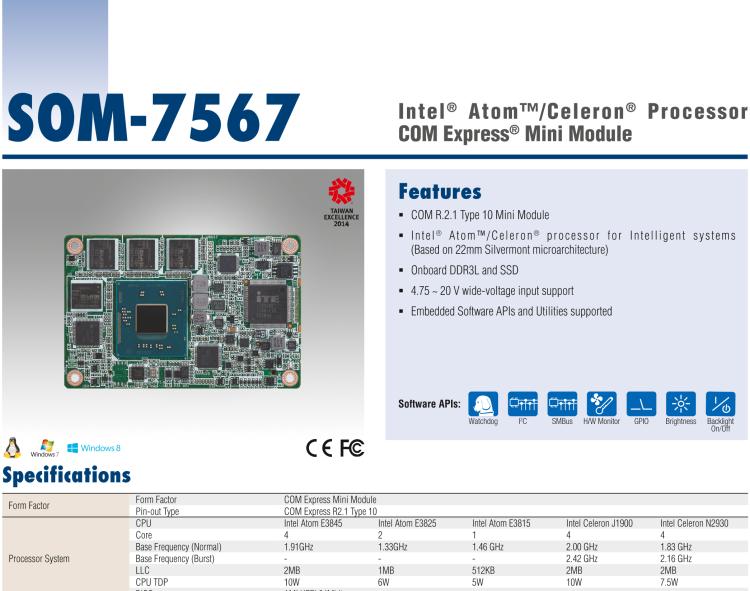 研華SOM-7567 Intel? Atom?/Celeron? 處理器，COM-Express Mini 模塊