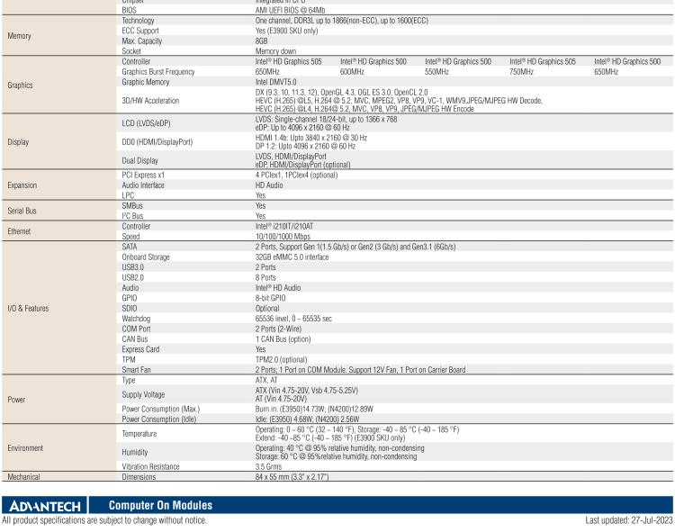 研華SOM-7569 Intel? Atom? E3900 & Pentium? 和 Celeron? N 系列處理器，COM-Express Mini 模塊