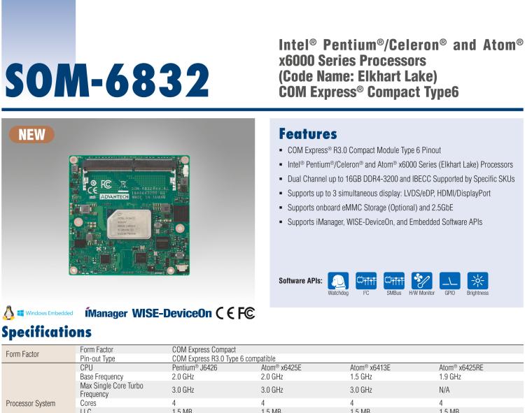 研華SOM-6832 Intel Pentium/Celeron 及 Atom x6000系列（Elkhart Lake）處理器，COM Express? Compact Type 6 模塊