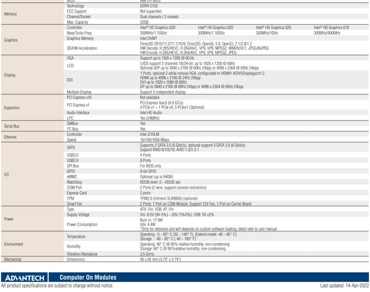 研華SOM-6898 第七代Intel Core/Celeron處理器 COM Express Compact模塊Type 6