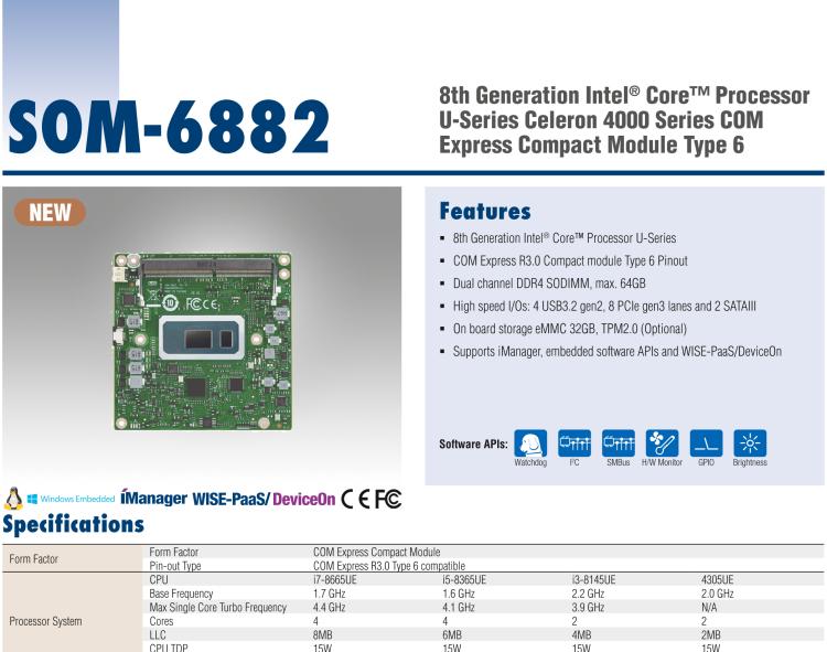 研華SOM-6882 第八代 Intel?Core 處理器，COM Express Compact R3.0 Type 6 模塊