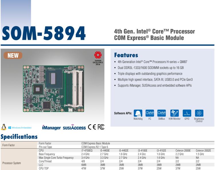 研華SOM-5894 第三代 Intel? Core?處理器， COM Express? Basic 模塊