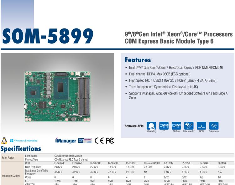 研華SOM-5899 第八代Intel Xeon/Core 處理器， COM Express Basic Type 6 模塊