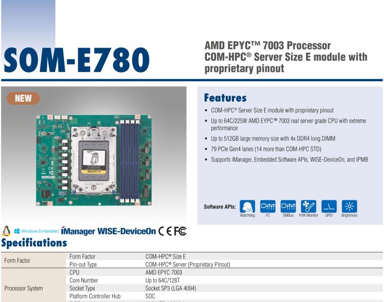 研華SOM-E780 AMD EPYC? 7003 COM-HPC? Server Size E 模塊，具有專有引腳