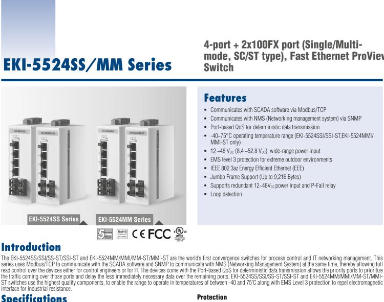 研華EKI-5524SSI-ST 2光4電百兆ProView(組態(tài))系列工業(yè)以太網(wǎng)交換機(jī)(包含單模/多模、SC/ST接口)