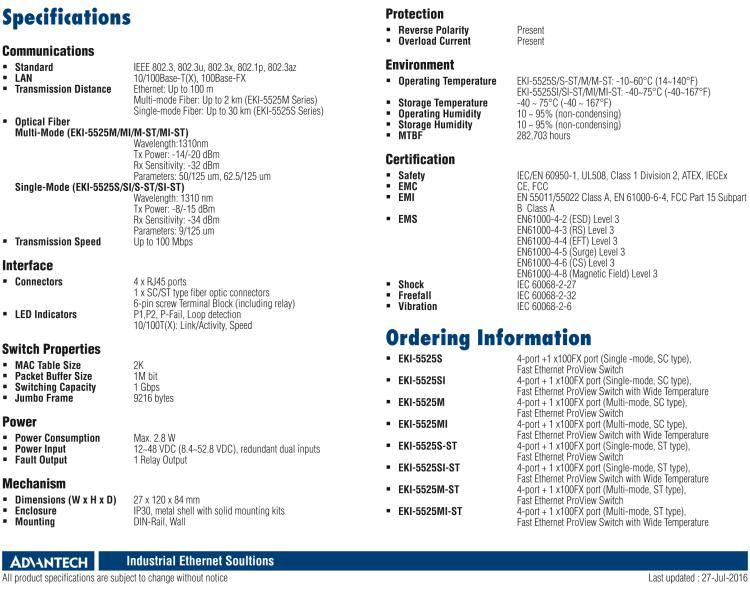 研華EKI-5525MI 1光4電百兆ProView(組態(tài))系列工業(yè)以太網(wǎng)交換機(jī)（包含單模/多模、SC/ST接口）