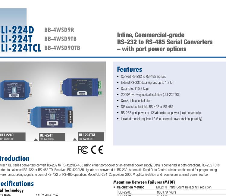 研華BB-485DRCI-PH ULI-224TE 重型工業(yè) RS-232 至 RS-422/485 隔離轉(zhuǎn)換器