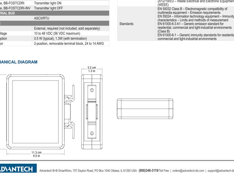 研華BB-FOSTCDRI-INV 串口轉換器，RS-232/422/485 TB至MM光纖ST（反向），工業(yè)DIN，C1D2