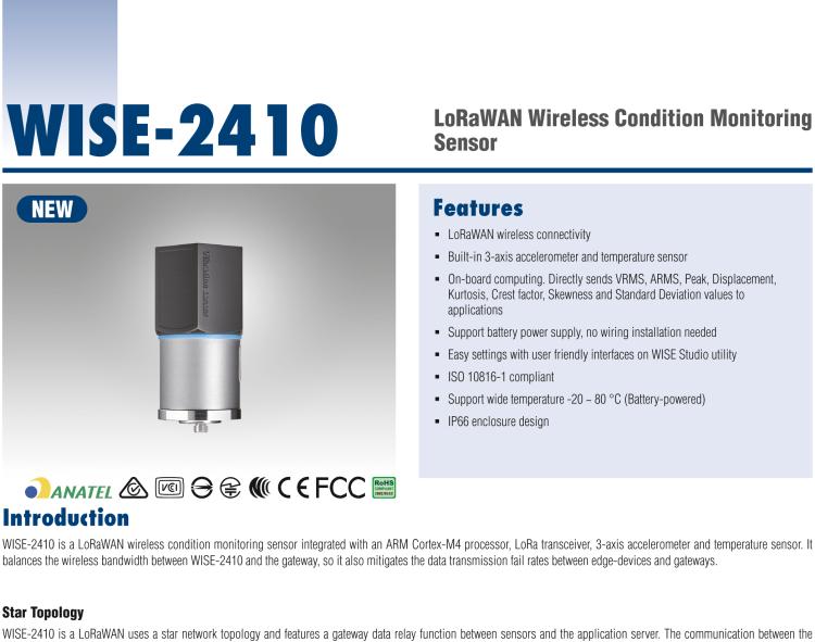 研華WISE-2410 WISE-2410是LoRaWA N無(wú)線振動(dòng)溫度監(jiān)控傳感器，電池使用周期為2年。