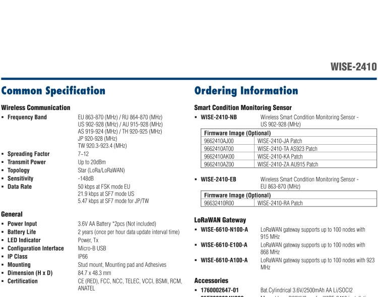 研華WISE-2410 WISE-2410是LoRaWA N無(wú)線振動(dòng)溫度監(jiān)控傳感器，電池使用周期為2年。