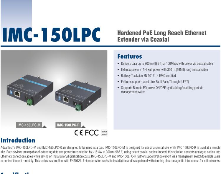 研華IMC-150LPC Hardened PoE Long Reach Ethernet Extender via Coaxial