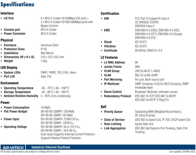 研華EKI-9510E-2GMPH 10個(gè)百兆M12 POE端口網(wǎng)管EN50155交換機(jī)， 支持72/96/110 VDC供電