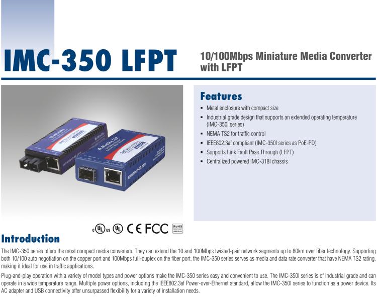 研華IMC-350-SFP-PS-A 緊湊型光電轉(zhuǎn)換器，100Base-TX/FX，SFP，AC適配器（也被稱為BB-855-10619）