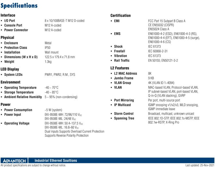 研華EKI-9508E-MH 8個百兆M12端口非網(wǎng)管EN50155交換機， 支持72/96/110 VDC供電
