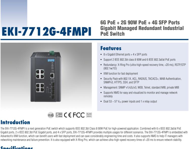 研華EKI-7712G-4FMPI 8GE PoE and 4G SFP Managed Ethernet Switch, IEEE802.3af/at/bt, 53~57VDC, -40~70℃