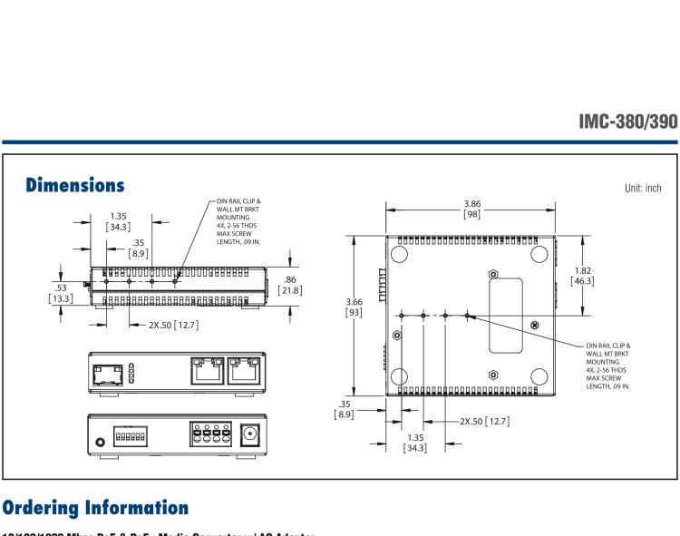 研華IMC-390-SE-US Mini PoE+ Media Converter, 1000Mbps, Single mode 1310nm, 40km, SC, AC adapter (also known as MiniMc 857-11915)