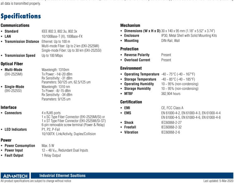 研華EKI-2525SI 4FE+1FE SC Single-mode Unmanaged Ethernet Switch, -40~75℃