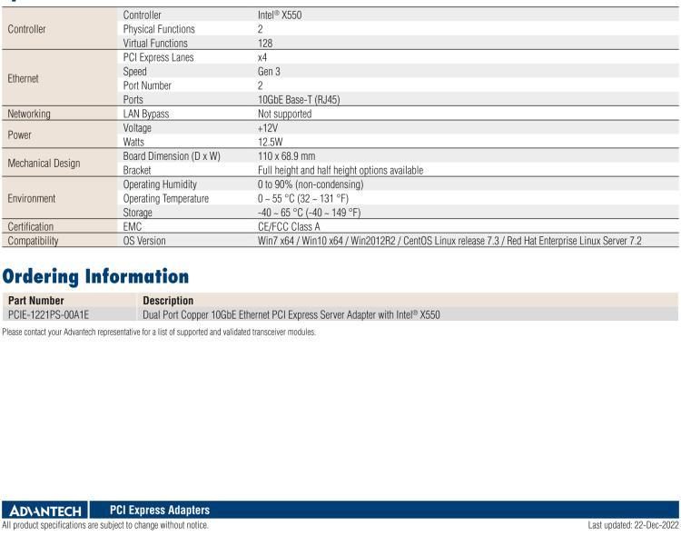 研華PCIE-1221 Dual Port Copper 10GbE Ethernet PCI Express Server Adapter with Intel? X550 (Advantech Form Factor)