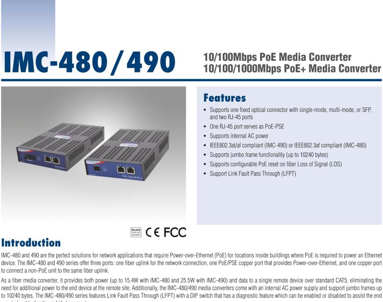 研華IMC-480-MM-US Standalone PoE Media Converter, 100Mbps, Multimode 1300nm, 5km, SC, AC adapter (also known as PoE McBasic 852-11715)