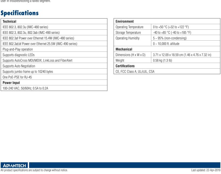 研華IMC-490-SM-US Standalone PoE+ Media Converter, 100Mbps, Single mode 1310nm, 10km, SC, AC adapter (also known as PoE+ Giga-McBasic 852-11914)